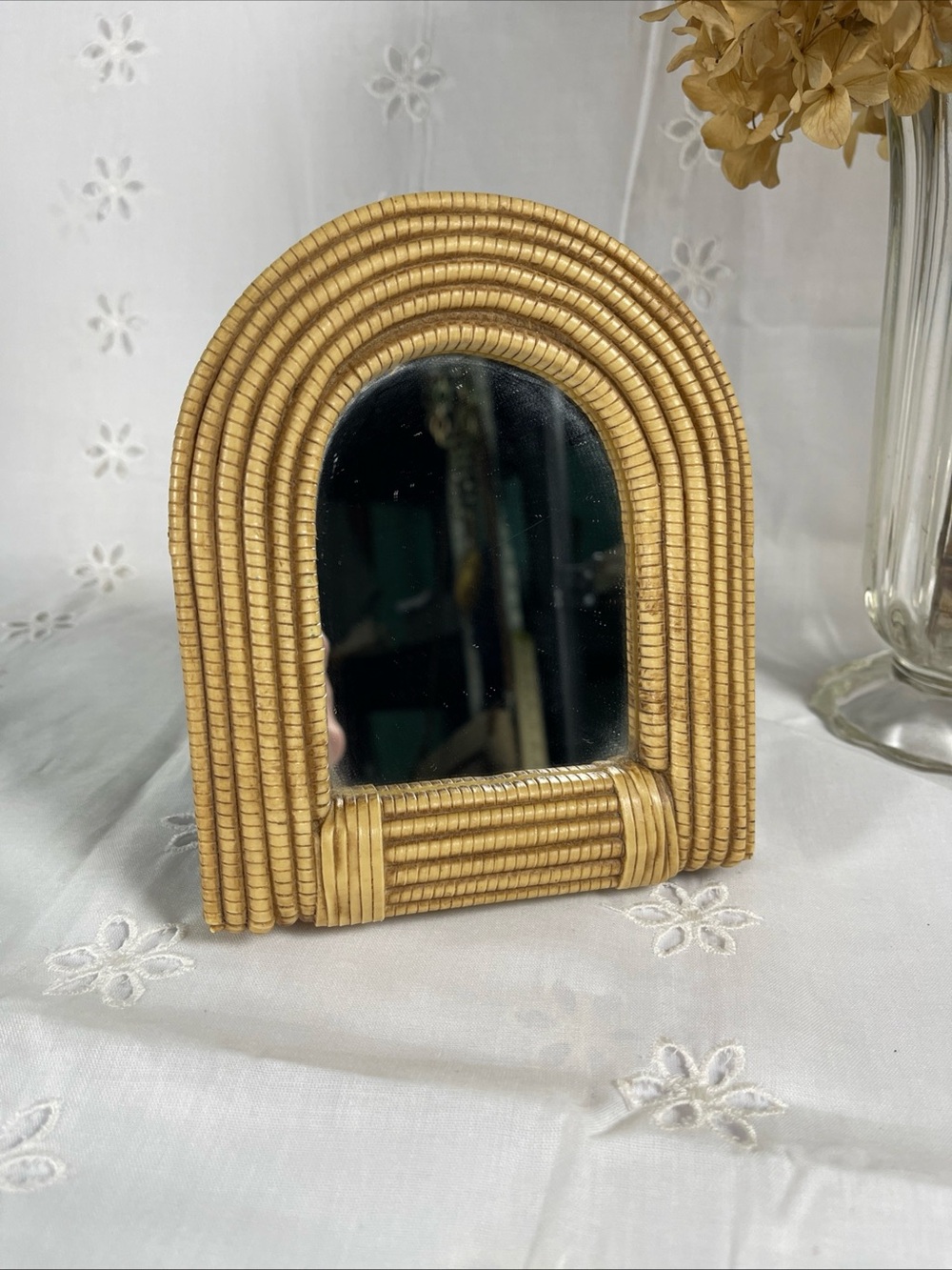 Vintage Boho Rattan Arch Tabletop Mirror 7”x5.5” Wicker Vanity Decor